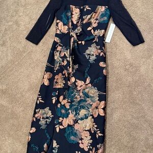 Kay Unger Navy Dress with Teal & Blush Floral Jacquard